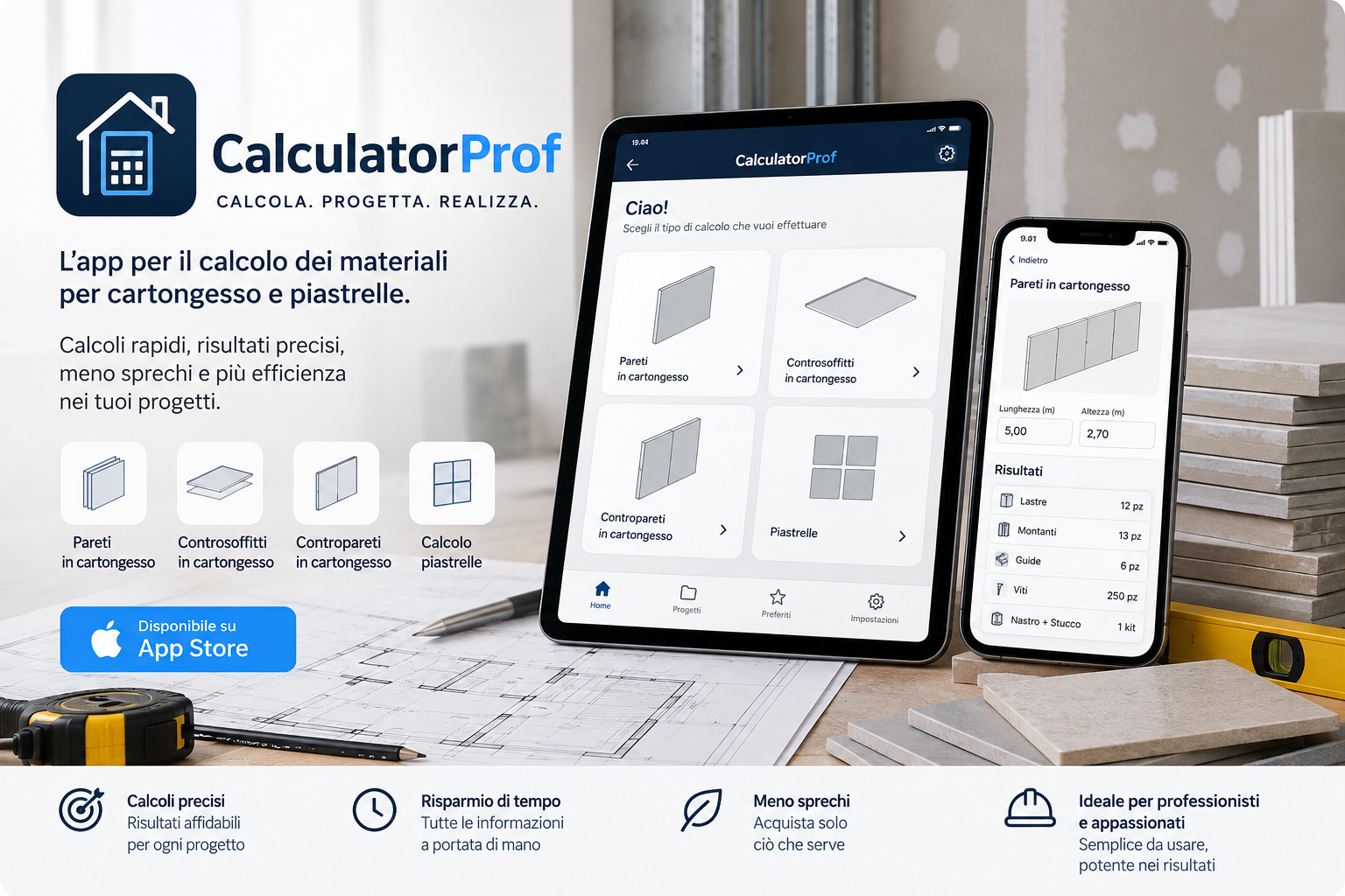 CalculatorProf per il calcolo dei materiali per cartongesso e piastrelle